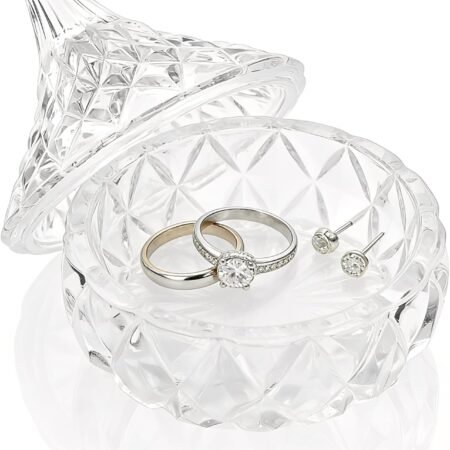 Glass Jewelry Box, Crystal Candy Dish with Lid, Ring Box, Small Trinket Dish, Jewelry Organizer Dish with Lid, Decorative Jewelry Bowls for Home Decor, Christmas Birthday Gifts for Women (Classic)