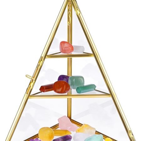 3 Tier Glass Display Case for Collectibles, Triangular Crystal Display Shelf, Crystal Holder Decorative Display Tray for Crystals Healing Stones Marbles, Gold Metal Jewelry Display Stand