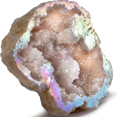 Angel Aura Quartz Geode - Titanium Bonded High Energy Crystal Cuarzo Cluster/Druzy with Information Card - Natural Reiki Rock Used for Clarity and Purpose (Family Owned and Operated)
