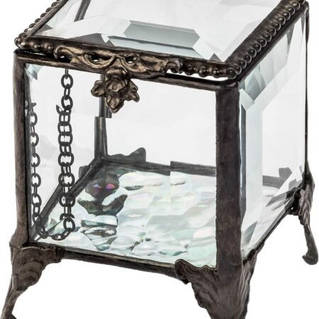 Clear Beveled Glass Jewelry Box (Box 153) - Crystal Square Trinket Keepsake Container on Delicate Legs - Handcrafted Tiffany Style Ring Display Gift for Women
