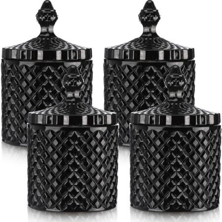 4 Pcs Crystal Glass Candy Jar Set with Lids Home Decorative Storage Jars for Apothecary, Bathroom, Kitchen, and Pantry, Ideal for Cotton Swabs and Jewelry(Large,Black)
